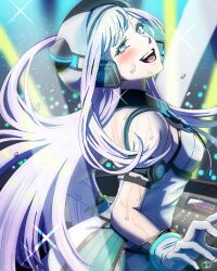  1girl black_hat blush bracelet commentary_request d4dj dress gloves grey_eyes hat headphones highres izumo_saki jewelry long_hair looking_at_viewer open_mouth solo sweat tuki2_moe turntable two-tone_hat upper_body white_dress white_gloves white_hair white_hat 