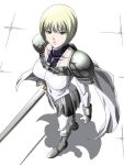  bad_id blonde_hair bob_cut bodysuit boots breasts cape clare clare_(claymore) claymore claymore_(sword) elbow_gloves from_above gloves grey_eyes knee_boots large_breasts looking_up noriheita shadow short_hair skirt solo standing sword turtleneck weapon 