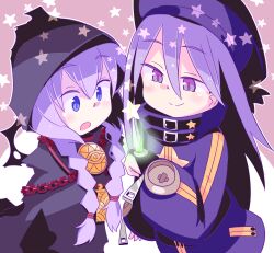  2girls ashi_karekusa bad_id bad_pixiv_id bell black_cloak blue_eyes braid chain cloak curse_maker curse_maker_2 glowing hair_between_eyes hair_tie hat hood hood_up hooded_cloak long_hair medallion multiple_girls neck_bell open_mouth purple_hat sekaiju_no_meikyuu sekaiju_no_meikyuu_1 sekaiju_no_meikyuu_3 split_mouth star_(symbol) twin_braids upper_body violet_eyes zodiac_(sekaiju) zodiac_2_(sekaiju) 