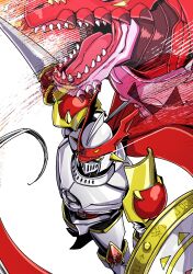  absurdres armor cape commentary_request digimon digimon_(creature) dragon dual_wielding dukemon eikenkobayashi helmet highres holding holding_polearm holding_weapon knight lance megidramon polearm red_cape sharp_teeth shield simple_background solo_focus teeth tongue weapon white_background yellow_eyes 