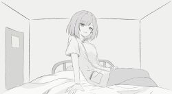  1girl bed brown_eyes brown_hair commentary_request greyscale highres hiyo25_0 indoors leaning_back looking_at_viewer monochrome nurse one_room pants project_sekai reclining shinonome_ena short_hair short_sleeves sitting 
