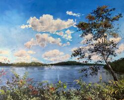  blue_sky boat clouds commentary connecticut day english_commentary highres island kate_avery lake no_humans oil_painting_(medium) original outdoors painting_(medium) sailboat scenery sky traditional_media tree watercraft 