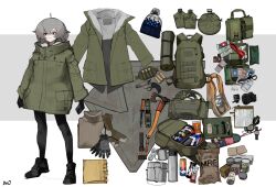  1girl axe backpack bag beanie black_pantyhose black_shoes bottle can canned_coffee canteen clothing_request coat collared_sweater combat_knife compass deo_artist drink_can field_ration first_aid_kit flare_gun fork full_body gloves green_coat grey_hair haruka_(deo_artist) hat highres ipad knife lotion map medicine non-web_source notebook object_request original pantyhose red_eyes reference_sheet ribbed_sweater scissors shoes snack sneakers socks solo spoon sunscreen sweater tablet_pc watch watch weapon weapon_request winter_clothes winter_coat 