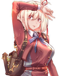  1girl arm_up bag belt blonde_hair breasts commentary_request covering_face cowboy_shot gun hair_ribbon handgun highres large_breasts looking_to_the_side lycoris_recoil lycoris_uniform medium_hair nishikigi_chisato pink_eyes ribbon school_bag simple_background skirt solo sweat variant_set weapon white_background yazawa_mana 