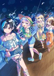  4girls :d ahoge airani_iofifteen animal_ears aqua_streaks artist_request bird black_hair blonde_hair blue_hair blue_jacket blue_shoes blue_shorts bow braid braided_bangs breasts bright_pupils brown_hair camisole closed_mouth cropped_shirt cruise_ship denim denim_shorts dress flat_chest floral_print floral_print_dress floral_print_pants floral_print_shirt flower fur-trimmed_shorts fur_trim gigi_murin grabbing_another's_hand gradient_hair green_shirt hair_bun hair_flower hair_ornament hand_in_pocket hat hat_bow hololive hololive_dev_is hololive_english hololive_indonesia horns jacket jewelry leaf_print long_hair looking_at_another medium_breasts midriff multicolored_hair multiple_girls navel necklace night ocean off-shoulder_dress off-shoulder_shirt off_shoulder official_alternate_costume official_art open_mouth orange_pants outdoors pants pink_eyes pink_hair print_dress print_shirt puffy_short_sleeves puffy_sleeves purple_streaks red_eyes rindo_chihaya sand seagull second-party_source sheep_ears sheep_girl sheep_horns shirt shoes short_hair short_shorts short_sleeves shorts side_ponytail sidelocks single_hair_bun smile sneakers straw_hat streaked_hair sun_hat thigh_strap tsunomaki_watame very_long_hair violet_eyes virtual_youtuber white_camisole white_pupils white_shirt white_streaks yellow_dress yellow_shoes 
