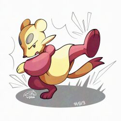  kicking mienfoo mistray-art no_humans numbered open_mouth pink_fur pokemon pokemon_(creature) signature solo tail two-tone_fur white_background yellow_fur 