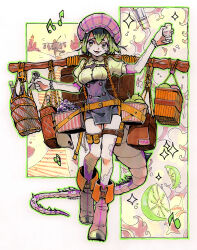  1girl absurdres alcohol apple bag barrel bartender basket belt boots border bottle bracelet breasts brown_bag brown_boots carrying_pole commentary corset cup dated english_commentary eudetenis fangs food fruit full_body glass_bottle grapes green_border green_eyes green_hair green_outline green_shirt hair_between_eyes hands_up happy hat highres holding holding_cup jewelry juice lizard_tail looking_at_viewer medium_breasts miniapron multiple_views musical_note open_mouth original outdoors outline pink_hat pink_scales puffy_sleeves reptile_girl scales shirt short_eyebrows short_hair short_shorts short_sleeves shorts signature singing smile sparkle spiked_tail spoken_musical_note tail tam_o'_shanter thigh_belt thigh_strap traditional_media walking white_background wide_hips wine wine_bottle 