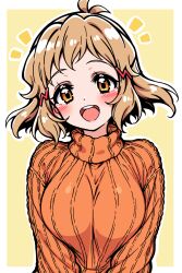  1girl alternate_costume blonde_hair blush border breasts chirisazame1 commentary_request hair_ornament hairclip highres large_breasts looking_at_viewer medium_hair notice_lines open_mouth orange_eyes orange_sweater outline outside_border senki_zesshou_symphogear smile solo sweater tachibana_hibiki_(symphogear) upper_body white_border white_outline yellow_background 