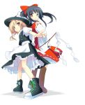  back_to_back black_hair blonde_hair converse detached_sleeves dress gohei hakurei_reimu hat kirisame_marisa looking_at_viewer orange_eyes outstretched_arm shoes smile standing takashina_masato touhou yellow_eyes 