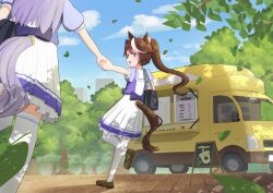  2girls animal_ears bag blue_eyes blue_sky blush bow bowtie brown_hair brown_shoes clouds commentary_request food_truck hair_between_eyes highres holding_hands horse_ears horse_girl horse_tail koshiba_taiyaki long_hair mejiro_mcqueen_(umamusume) multicolored_hair multiple_girls open_mouth outdoors pleated_skirt ponytail puffy_short_sleeves puffy_sleeves purple_bow purple_bowtie purple_hair purple_shirt sailor_collar sailor_shirt school_bag school_uniform shirt shoes short_sleeves single_hair_streak skirt sky smile standing standing_on_one_leg streaked_hair tail thigh-highs tokai_teio_(umamusume) tracen_school_uniform tree two-tone_hair umamusume white_hair white_sailor_collar white_skirt white_streaks white_thighhighs 