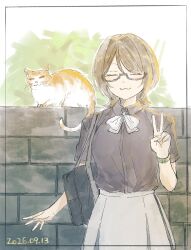  1girl :3 bag bow bowtie brick_wall brown_hair brown_shirt cat closed_eyes collared_shirt cowboy_shot dated facing_viewer glasses grey_bow grey_bowtie grey_skirt inset_border medium_hair original ruine_tio school_bag semi-rimless_eyewear shirt short_sleeves skirt solo under-rim_eyewear v 