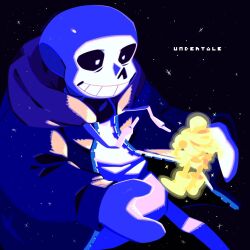 2boys black_background brothers copyright_name glowing kanianoreki light papyrus_(undertale) sans_(undertale) siblings size_difference skeleton stars undertale utdr_(toby_fox)