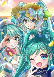  3girls absurdres aqua_eyes aqua_hair backlighting blue_eyes blue_jacket blush bow braid braided_hair_rings breasts brown_hat commentary_request cropped_jacket diamond_hair_ornament double-parted_bangs dress fingerless_gloves fingernails flower gloves hair_between_eyes hair_ornament hair_rings hat hat_bow hat_flower hat_ornament hatsune_miku highres jacket long_hair long_sleeves looking_at_viewer magical_mirai_(vocaloid) magical_mirai_miku magical_mirai_miku_(2024) magical_mirai_miku_(2025) magical_mirai_miku_(2026) medium_breasts multiple_girls multiple_persona natsu_chiki official_alternate_costume official_alternate_hairstyle open_mouth shirt sleeveless sleeveless_dress sleeveless_shirt smile star_(symbol) star_hair_ornament stomach sunset teeth twintails upper_body very_long_hair vocaloid white_bow white_dress white_gloves white_jacket white_shirt 