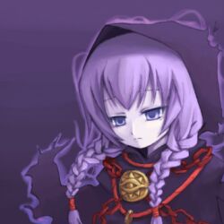  1girl blue_eyes braid chain cloak closed_mouth curse_maker curse_maker_2 expressionless gradient_background hair_tie hood hood_up hooded_cloak lowres medallion portrait purple_cloak purple_energy purple_hair sazitama sekaiju_no_meikyuu sekaiju_no_meikyuu_3 solo split_mouth twin_braids 