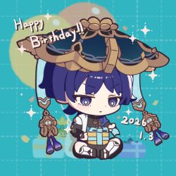  1boy aqua_background armor black_bodysuit black_bridal_gauntlets black_sandals black_shorts blue_cape blue_kimono blunt_ends bodysuit box bridal_gauntlets bright_pupils cape chibi chibi_only choppy_bangs closed_mouth dated full_body genshin_impact gift gift_box gold grey_hat grid_background happy_birthday hat indian_style japanese_armor japanese_clothes jingasa juban kimono kote kurokote leg_warmers lower_eyelashes_only male_focus open_clothes open_kimono purple_hair sandals scaramouche_(genshin_impact) short_sleeves shorts side_cape sitting solo tassel tsurime turonn unwrapping violet_eyes wanderer_(genshin_impact) white_kimono white_leg_warmers white_pupils white_sleeves zouri 