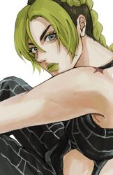  1girl bare_shoulders birthmark black_pants blue_hair braid braided_base bun_with_braided_base cone_hair_bun double_bun eyelashes green_hair green_lips hair_between_eyes hair_bun halterneck highres joestar_birthmark jojo_no_kimyou_na_bouken kujo_jolyne lipstick looking_at_viewer makeup multicolored_hair pants simple_background sleeveless solo stone_ocean two-tone_hair umeko_(00_nro9) white_background 