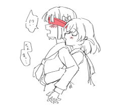  !? 2girls blindfold blush cerise_bouquet colored_blindfold commentary_request dress hair_ornament hasu_no_sora_school_uniform hinoshita_kaho hug hug_from_behind long_sleeves love_live! love_live!_hasu_no_sora_jogakuin_school_idol_club medium_hair momose_ginko multiple_girls neckerchief nogreen open_mouth rabbit_hair_ornament sailor_collar sailor_dress school_uniform spoken_interrobang spot_color two_side_up virtual_youtuber winter_uniform yuri 