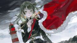  1girl adapted_costume bang_dream! bang_dream!_yumemita cape citruz_29 closed_mouth commentary epaulettes green_eyes green_hair hair_bun hair_ornament highres holding holding_scissors lighthouse long_hair long_sleeves mole mole_under_mouth one_side_up red_cape scissors single_side_bun solo translation_request untranslatable_commentary viola_(bang_dream!) x_hair_ornament 