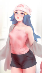  1girl bare_shoulders beanie black_hair black_shorts blue_eyes blue_hair blush breasts collarbone hair_ornament hairclip hat highres hikari_(pokemon) jacket long_hair looking_at_viewer medium_breasts open_mouth pink_shirt poke_ball poke_ball_print poke_ball_symbol pokemon pokemon_diamond/pearl/platinum pokemon_platinum pulling_own_clothes shirt shorts shpo simple_background sleeveless smile solo thighs undressing white_background white_hat white_jacket 
