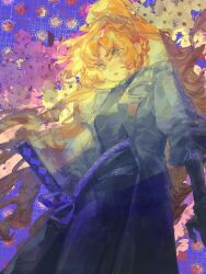  1girl 31_e_wugang_fanche absurdres black_coat black_gloves black_pants chinese_commentary coat commentary_request floral_background flower from_below gloves high_ponytail highres ishmael_(project_moon) jeong's_office_(identity)_(project_moon) katana lapels limbus_company long_hair looking_at_viewer notched_lapels orange_hair pants ponytail project_moon purple_rope rope scabbard sheath solo sword very_long_hair wavy_hair weapon white_flower 