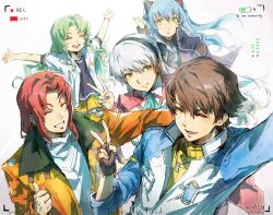  2boys 3girls animal_ear_hairband animal_ears ao_no_kiseki ascot black_hairband black_shirt blue_hair brown_gloves brown_hair cat_ear_hairband cat_ears closed_eyes coat commentary curtained_hair dog_tags eiyuu_densetsu elie_macdowell fake_animal_ears ffuald1013 fingerless_gloves gloves green_ascot green_hair grey_hair group_picture hairband highres jacket kea_(eiyuu_densetsu) lloyd_bannings long_hair multicolored_jacket multiple_boys multiple_girls orange_coat orange_skirt randolph_orlando red_hair shirt short_hair simple_background skirt smile sweater tio_plato two-tone_jacket two_side_up untranslatable_commentary v viewfinder white_jacket white_shirt yellow_eyes yellow_sweater zero_no_kiseki 
