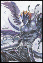  1boy arm_cannon beelzebumon beelzebumon_blast_mode black_jacket black_pants black_wings blonde_hair blue_skin colored_skin digimon digimon_(creature) fang feathered_wings green_eyes highres jacket male_focus muscular muscular_male pants short_hair solo third_eye traditional_media weapon wings yuriyuri_(ccc) 
