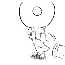  1girl a_hat_in_time arms_up cape chibi chibi_only child doughnut food greyscale hair_tie hat hat_kid hat_ribbon highres holding holding_food jibung long_sleeves medium_hair monochrome motion_lines open_mouth oversized_food oversized_object ponytail ribbon running shadow shoes solo top_hat two-handed unworn_hat unworn_headwear white_background 