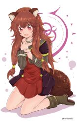  1girl animal_ear_fluff animal_ears ankle_boots artist_name black_dress boots brown_boots brown_hair child collar commentary_request dress full_body grey_dress hair_between_eyes hair_tubes hands_up highres kneeling layered_dress leather leather_boots long_hair long_sleeves messy_hair metal_collar metal_hair_tubes metal_wrist_cuffs open_mouth pink_eyes raccoon_ears raccoon_girl raccoon_tail raphtalia raphtalia_(young) red_dress ruri-hikaru short_dress short_sleeves slave_crest_(tate_no_yuusha_no_nariagari) solo tail tanuki tate_no_yuusha_no_nariagari twitter_username two-tone_dress violet_eyes watermark white_background yellow_trim 