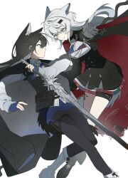  2girls aiguillette animal_ear_fluff animal_ears arknights black_boots black_cape black_dress black_hair black_jacket black_pantyhose blue_eyes blue_gloves blue_necktie blue_shorts boots breasts cape closed_mouth collared_shirt commentary_request dress extra_ears fingerless_gloves framed_breasts gloves grey_eyes hair_ornament hairclip highres holding holding_sword holding_weapon jacket jacket_on_shoulders korean_commentary lappland_(arknights) lappland_the_decadenza_(arknights) long_hair long_sleeves looking_at_another looking_to_the_side medium_breasts multicolored_cape multicolored_eyes multicolored_necktie multiple_girls necktie pantyhose parallel_hairclips profile red_cape red_necktie seri_(vyrlw) shirt shorts simple_background smile sword tail texas_(arknights) texas_the_omertosa_(arknights) thigh_strap two-tone_eyes weapon white_background white_boots white_hair white_shirt wolf_ears wolf_girl wolf_tail yellow_eyes 