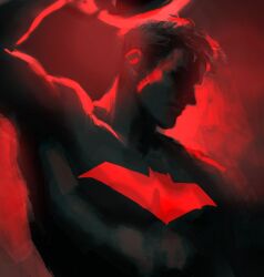  1boy batman_(series) batman_symbol black_bodysuit black_hair bodysuit dc_comics dmdniwrujm30oyg gloves jason_todd male_focus multicolored_bodysuit muscular muscular_male red_hood_(dc) red_hood_and_the_outlaws short_hair superhero_costume taut_bodysuit taut_clothes two-tone_bodysuit 