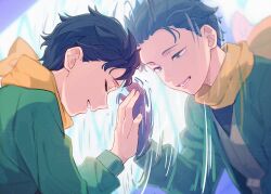  1boy aam09212 black_hair brown_eyes closed_eyes commentary_request crying green_jacket jacket natsuki_subaru open_mouth orange_scarf re:zero_kara_hajimeru_isekai_seikatsu reflection scarf smile tears 