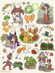  6+girls akikawa_yayoi's_cat akikawa_yayoi_(umamusume) animal_ears animal_on_head apron black_hair blue_flower blue_hat blue_rose blunt_bangs blush bow braid breasts broccoli brown_hair cabbage carrot cat cat_on_head closed_eyes closed_mouth commentary_request cooking_pot cucumber ear_bow ear_covers ear_ribbon egg flipped_hair flower food food_art fruit gardening garlic hair_between_eyes hair_ornament hair_over_one_eye hairband half_up_braid hat hat_flower highres hishi_akebono_(umamusume) holding holding_hoe holding_ladle horse_ears horse_girl horse_tail hot_dog jacket katsuragi_ace_(umamusume) ladle long_hair long_sleeves multicolored_hair multiple_girls mushroom nishino_flower_(umamusume) on_head onigiri open_mouth orange_hair pants parfait pink_apron pink_hairband ponytail potato purple_bow purple_sailor_collar purple_serafuku purple_shirt red_eyes red_jacket red_pants red_track_suit rice_shower_(umamusume) rose sailor_collar sailor_shirt sandwich school_uniform serafuku shirt short_hair skirt smile special_week_(umamusume) strawberry streaked_hair sun_hat sweat tail tako-san_wiener tassel tassel_hair_ornament tilted_headwear tomato tracen_school_uniform tracen_training_uniform track_jacket track_pants track_suit twintails two-tone_hair umamusume uzumaki_osushi violet_eyes wheelbarrow white_apron white_hair x_hair_ornament 