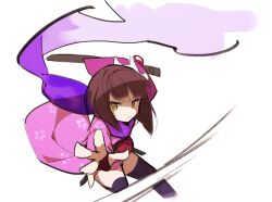  1girl anpolly brown_hair closed_mouth commentary_request floral_print green_eyes holding holding_sheath japanese_clothes kimono leg_up medium_hair pink_kimono purple_scarf purple_thighhighs scarf sekaiju_no_meikyuu sekaiju_no_meikyuu_3 sheath shinobi_(sekaiju) shinobi_4_(sekaiju) simple_background solo thigh-highs v-shaped_eyebrows white_background wide_sleeves 