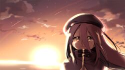  1girl anpolly closed_mouth clouds coat commentary_request hair_between_eyes hat high_collar long_hair_between_eyes looking_at_viewer outdoors portrait purple_coat purple_hair purple_hat sekaiju_no_meikyuu sekaiju_no_meikyuu_3 smile solo star_(symbol) sun sunset yellow_eyes zodiac_(sekaiju) zodiac_2_(sekaiju) 