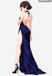  1girl ankle_strap aquamarine725 artist_name ass back backless_dress backless_outfit bare_back bare_legs blue_dress blue_shoes breasts brown_hair brown_hairband commentary dress english_commentary from_behind full_body hair_behind_ear hairband halterneck high_heels highres long_dress long_legs looking_at_viewer looking_back median_furrow niijima_makoto parted_lips persona persona_5 persona_5_the_royal profile red_eyes shoes short_hair side_slit simple_background sleeveless sleeveless_dress slim_legs small_breasts standing white_background 