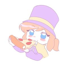  1girl a_hat_in_time blue_eyes blush_stickers cape child commentary cropped_torso food food_in_mouth hands_up hat hat_kid hat_ribbon highres holding jacket jibung long_sleeves pepperoni pepperoni_pizza pizza pizza_slice purple_hat purple_jacket ribbon solo top_hat two-handed untranslatable_commentary white_background yellow_cape yellow_ribbon zipper_pull_tab 