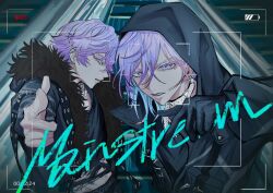  2boys angry aqua_hair black_gloves black_jacket black_pants black_shirt collar covered_navel earrings fur-trimmed_jacket fur_trim gloves highres hood hood_up jacket jewelry male_focus multicolored_hair multiple_boys pants paradox_live pupu_17 purple_hair recording shirt short_hair siblings silver_earrings song_name twins two-tone_hair violet_eyes white_collar yatonokami_kanata yatonokami_nayuta 