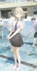  1girl absurdres aspara barefoot black_skirt blonde_hair blue_necktie breasts brown_eyes cleaning_brush cleaning_pool diagonal-striped_clothes diagonal-striped_necktie empty_pool full_body highres hose looking_at_viewer medium_breasts medium_hair necktie original people plaid_clothes plaid_skirt pleated_skirt pool shirt shirt_tucked_in skirt solo_focus spraying standing string_of_flags striped_clothes striped_necktie summer_uniform toes wet wet_clothes wet_shirt wet_skirt white_shirt wringing_clothes wringing_skirt 