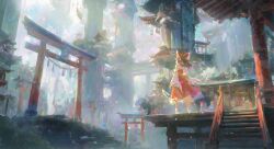  1girl architecture bow brown_hair commentary_request day detached_sleeves east_asian_architecture facing_away frilled_bow frilled_hair_tubes frills gohei hair_bow hair_tubes hakurei_reimu highres holding holding_gohei long_hair multiple_torii outdoors pagoda paya_paya_d red_bow red_skirt scenery shrine skirt skirt_set solo stairs standing torii touhou white_sleeves wide_shot 