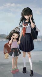  2girls animal_ears backpack bag black_hair black_skirt blue_sailor_collar brown_eyes brown_hair child closed_mouth commentary_request crocs day doubutsunoujyou ena-chan_(doubutsunoujyou) full_body highres kneehighs long_hair looking_at_viewer multiple_girls no_shoes open_clothes original outdoors pink_shirt pleated_skirt randoseru sailor_collar school_uniform serafuku shirt short_sleeves skirt sleeveless sleeveless_shirt smile socks standing tank_top white_shirt white_socks 
