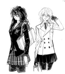  akechi_goro amamiya_ren bag briefcase buttons closed_mouth collared_shirt genderswap genderswap_(mtf) glasses gloves gulljang hair_between_eyes high_collar highres holding holding_briefcase long_hair long_sleeves looking_at_viewer medium_hair messy_hair monochrome morgana_(cat)_(persona_5) morgana_(persona_5) necktie persona persona_5 pleated_skirt pocket school_bag school_uniform shirt shoulder_bag shuujin_academy_school_uniform skirt smile 