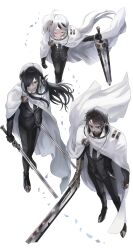  3boys ahoge black_gloves black_hair black_jacket black_necktie black_pants black_suit cape closed_eyes closed_mouth collared_shirt dual_wielding esther_(project_moon) eyepatch from_above full_body gloves gold_trim greatsword hair_over_one_eye headset highres holding holding_sword holding_weapon hubert_(project_moon) hubestjoa jacket library_of_ruina long_hair long_sleeves male_focus mask mouth_mask multicolored_hair multiple_boys necktie pants project_moon red_eyes shirt side_ponytail simple_background streaked_hair suit sword very_long_hair weapon white_background white_cape white_hair white_necktie white_shirt yan_vismok 
