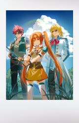  1girl 2boys absurdres agate_crosner ahoge arms_behind_back belt black_pants blonde_hair blue_sky boots brown_belt brown_eyes brown_gloves brown_hair closed_mouth clouds commentary day eiyuu_densetsu estelle_bright fingerless_gloves fishing fishing_rod gloves grin hair_intakes highres holding holding_fishing_rod jewelry kernel_killer long_hair long_sleeves medium_hair multiple_boys necklace olivert_reise_arnor open_mouth outdoors pants rainbow red_hair scar scar_on_cheek scar_on_face short_hair short_sleeves sky smile sora_no_kiseki sora_no_kiseki_sc sunglasses teeth thigh-highs twintails untranslatable_commentary very_long_hair white_thighhighs 