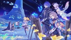  2boys 5girls :d albedo_(genshin_impact) antenna_hair apron aqua_eyes arm_up back_bow beret black_boots black_cape black_capelet black_coat black_eyes black_gloves black_hair black_hood black_shorts blonde_hair blue_apron blue_dress blue_hair blue_hat blue_shirt blunt_bangs blush boots bow braid bright_pupils brown_hair cake canvas_(object) cape capelet character_name clenched_hands closed_eyes closed_mouth coat collared_capelet collared_shirt columbina_(genshin_impact) commentary crossed_bangs dated detached_sleeves dress easel elbow_gloves english_commentary eye_mask eyelashes feathered_wings flins_(genshin_impact) flower food frilled_dress frills gem genshin_impact gloves glowing_flower gold_trim gradient_hair grass green_flower grey_pants grey_shirt hair_between_eyes hair_flower hair_intakes hair_ornament half_up_half_down_braid halo hand_up hands_up happy_birthday hat head_wings highres holding holding_paint_palette holding_paintbrush holding_tray hood hood_down hooded_coat index_finger_raised jewelry juliet_sleeves kuuhenki_(genshin_impact) lab_coat leg_up long_hair long_sleeves looking_back lumine_(as_heaven_and_earth_are_made_anew)_(genshin_impact) lumine_(genshin_impact) mamere_(genshin_impact) mask medium_hair melusine_(genshin_impact) mountain multicolored_gloves multicolored_hair multiple_boys multiple_girls multiple_wings night notice_lines official_alternate_costume on_ground on_stool open_clothes open_coat open_mouth orange_bow outdoors paimon_(genshin_impact) paint_on_clothes paint_palette paint_splatter paintbrush pants parted_bangs parted_lips pointing puffy_long_sleeves puffy_sleeves purple_gem purple_shirt red_gloves red_hair red_streaks rock romper salsa_(genshin_impact) seymour_(genshin_impact) shirt short_hair short_hair_with_long_locks short_sleeves shorts side_ponytail sidelocks single_thighhigh sitting sky sleeve_cuffs sleeveless sleeveless_dress smile standing standing_on_one_leg stool streaked_hair teeth thigh-highs thigh_boots tiny_(0v0) tray two-tone_gloves upper_teeth_only very_long_hair violet_eyes vision_(genshin_impact) white_boots white_coat white_dress white_flower white_hair white_mask white_pupils white_romper white_sleeves white_thighhighs white_wings wings yellow_eyes 