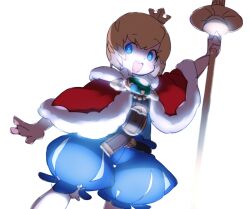  1boy anpolly arm_up blonde_hair blue_eyes blue_shorts blush_stickers bright_pupils capelet commentary_request cowboy_shot crown fur-trimmed_capelet fur_trim holding holding_scepter looking_at_viewer male_focus mini_crown open_mouth puffy_shorts red_capelet scepter sekaiju_no_meikyuu sekaiju_no_meikyuu_3 short_hair shorts simple_background smile solo sovereign_(sekaiju) sovereign_1_(sekaiju) standing star-shaped_pupils star_(symbol) symbol-shaped_pupils teeth upper_teeth_only white_background white_pupils 