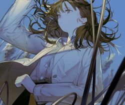  1girl arm_up aspara blue_sky breasts brown_eyes collared_shirt cowboy_shot floating_hair from_below grey_jacket hair_behind_ear highres jacket lapels long_hair long_sleeves looking_ahead medium_breasts notched_lapels original shirt shirt_tucked_in sky solo striped_clothes striped_shirt vertical-striped_clothes vertical-striped_shirt violet_eyes 