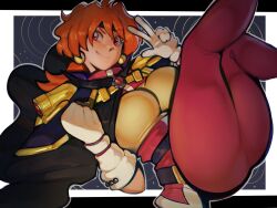  armor ass bandeau black_headband breasts cape earrings fluffydango gloves headband highres jewelry legs_up lina_inverse magic majutsushi_orphen orange_hair pants purple_cape red_pants skin_tight slayers slayers_next slayers_try sphere_earrings yellow_bandeau 