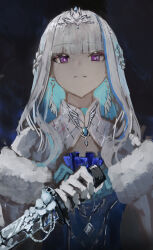  1girl absurdres blue_hair blunt_bangs braid closed_mouth cokei colored_inner_hair commentary_request half_up_braid highres holding holding_sword holding_weapon jewelry lize_helesta lize_helesta_(gown) long_hair looking_at_viewer multicolored_hair nijisanji solo sword tiara violet_eyes virtual_youtuber weapon white_hair 