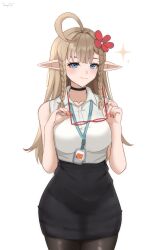  1girl ahoge artist_name bare_shoulders black_choker black_pantyhose black_skirt blonde_hair blue_eyes blush braid breasts choker closed_mouth cowboy_shot elf flower flower_ornament hair_between_eyes hair_flower hair_ornament highres holding holding_removed_eyewear indie_virtual_youtuber large_breasts long_hair looking_at_viewer lyydia_(sunako) name_tag office_lady pantyhose pencil_skirt pointy_ears red_flower senpaisif shirt signature simple_background skirt skirt_suit smile solo suit tight_clothes tight_shirt twin_braids unworn_eyewear virtual_youtuber white_background white_shirt 