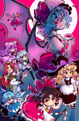  6+girls :d absurdres apron arms_behind_back bat_(animal) bat_wings beret black_hat black_shoes black_skirt black_vest blonde_hair blue_bow blue_dress blue_eyes bow braid brown_hair cirno closed_mouth commentary crescent crescent_hat_ornament cup detached_sleeves dress facing_away fangs flandre_scarlet frilled_hair_tubes frilled_shirt_collar frills full_moon gohei green_bow green_hat green_vest grey_hair hair_between_eyes hair_bow hair_tubes hakurei_reimu hat hat_bow hat_ornament hat_ribbon highres holding holding_cup holding_polearm holding_weapon hong_meiling ice ice_wings izayoi_sakuya kirisame_marisa knife laevatein_(touhou) long_hair long_sleeves looking_at_viewer maid_headdress mob_cap moon multiple_girls neck_ribbon open_mouth outstretched_arms pants patchouli_knowledge pink_dress polearm puffy_short_sleeves puffy_sleeves purple_bow purple_hair purple_ribbon red_bow red_eyes red_hair red_ribbon red_shirt red_skirt red_vest remilia_scarlet ribbon ribbon-trimmed_sleeves ribbon_trim shirt shoes short_hair short_sleeves side_braid skirt smile socks spread_arms teacup thigh_strap tonestarr touhou twin_braids very_long_hair vest violet_eyes weapon white_apron white_pants white_shirt white_socks wide_sleeves wings witch_hat yellow_eyes 